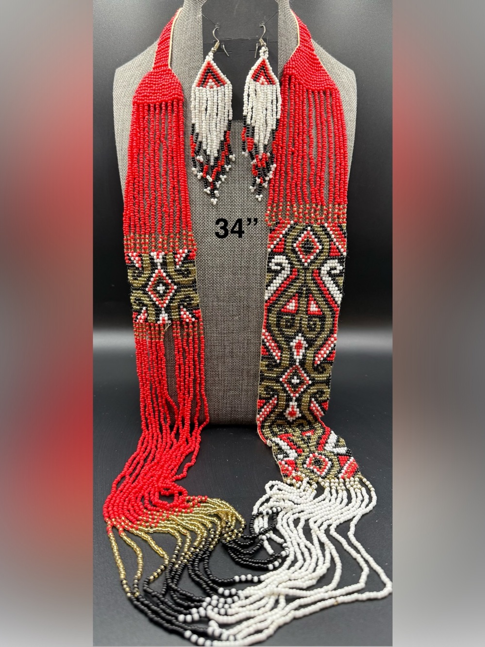Handmade Seed Bead Long Lariat Necklace & Matching Earrings Set